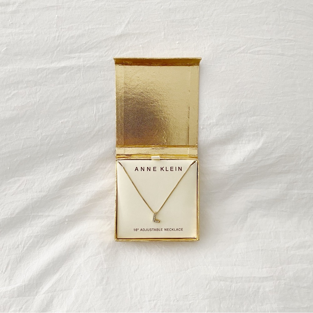 Anne Klein Y2K Dainty Gold Rhinestone ‘L’ 16” Necklace NWT